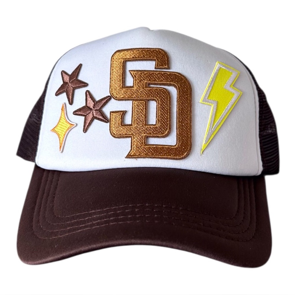 White and Brown Trucker Hat with Gold SD Padres Patch and Stars